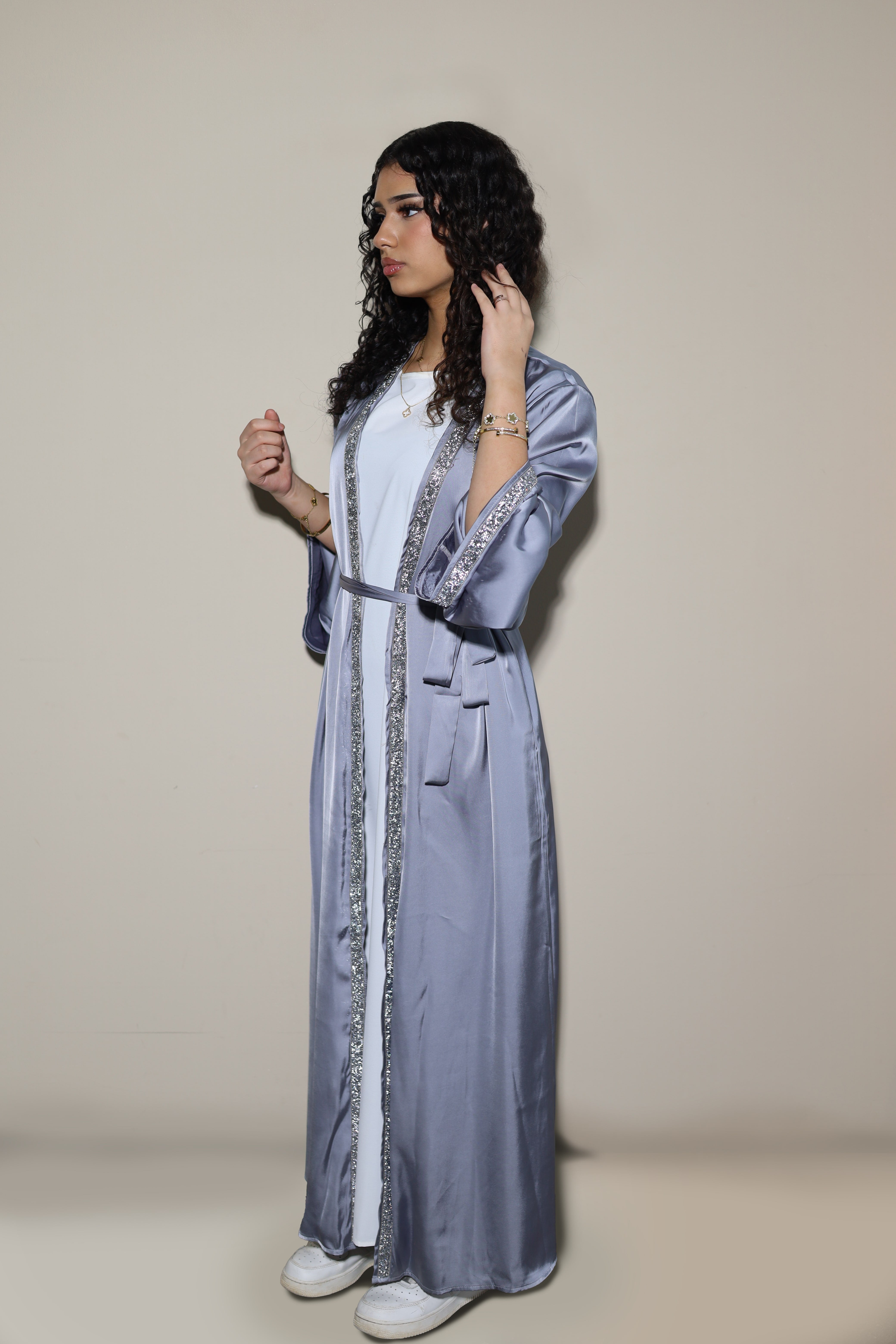 DUBAI ABAYA - SATIN STONE GREY