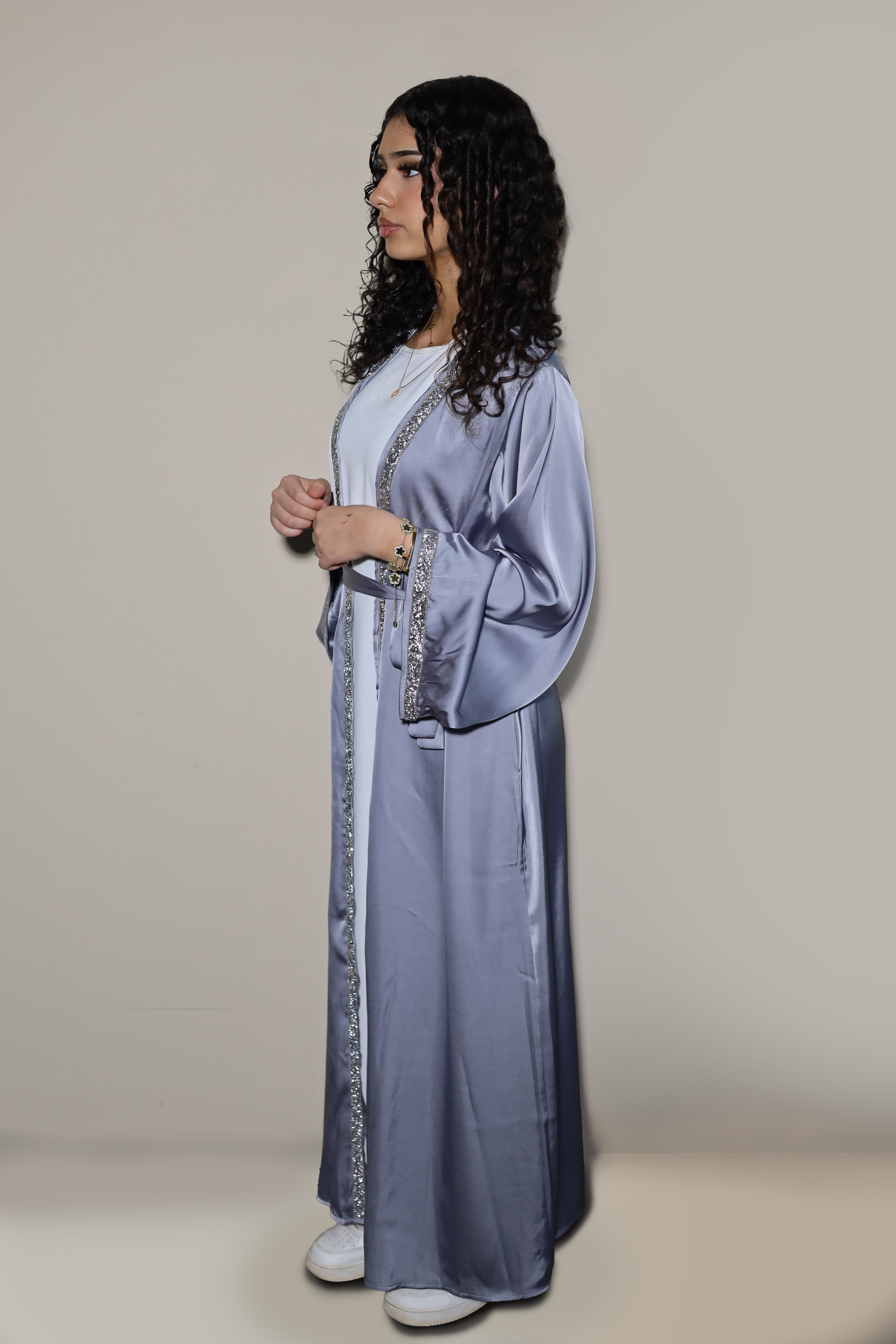 DUBAI ABAYA - SATIN STONE GREY