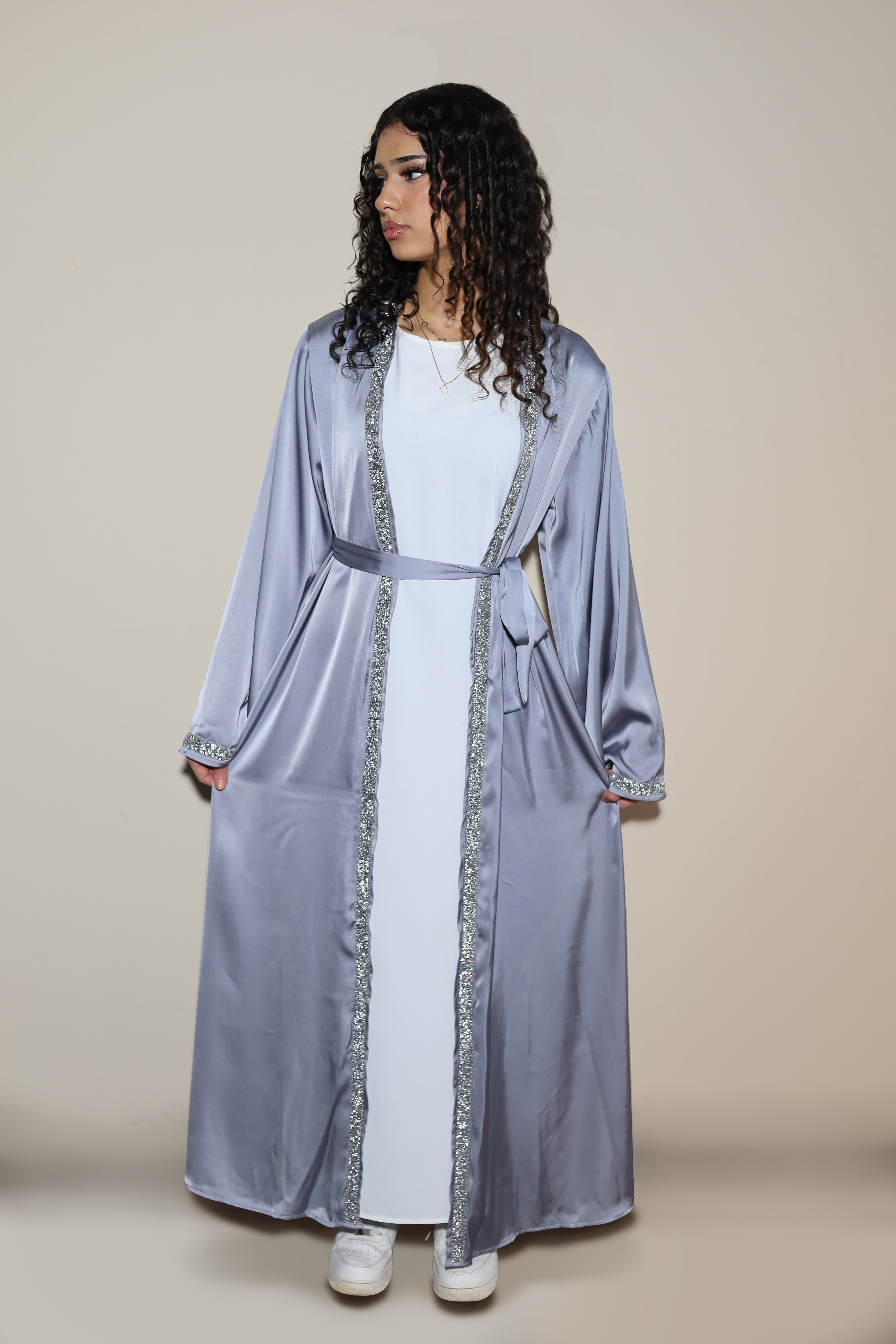 DUBAI ABAYA - SATIN STONE GREY